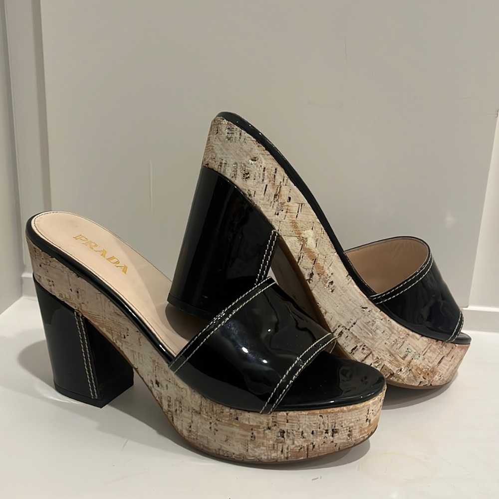 Prada black patent cork heels